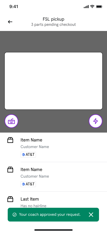 Pickup screen with coach approved message