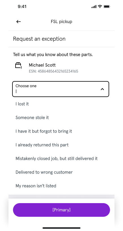 Asurion Field App exception reason selector