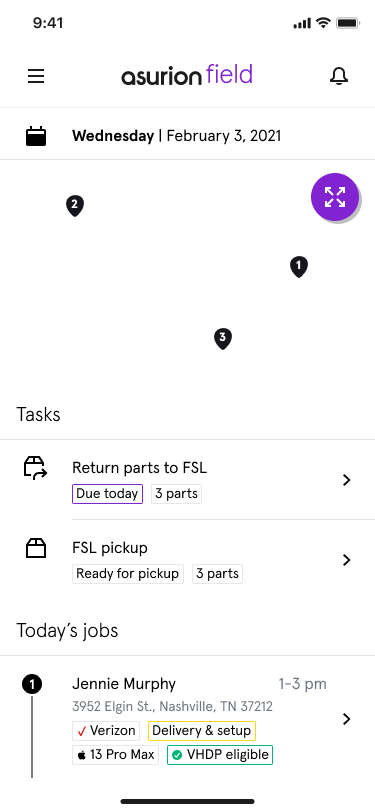 Asurion Field App job queue showing Return parts to FSL