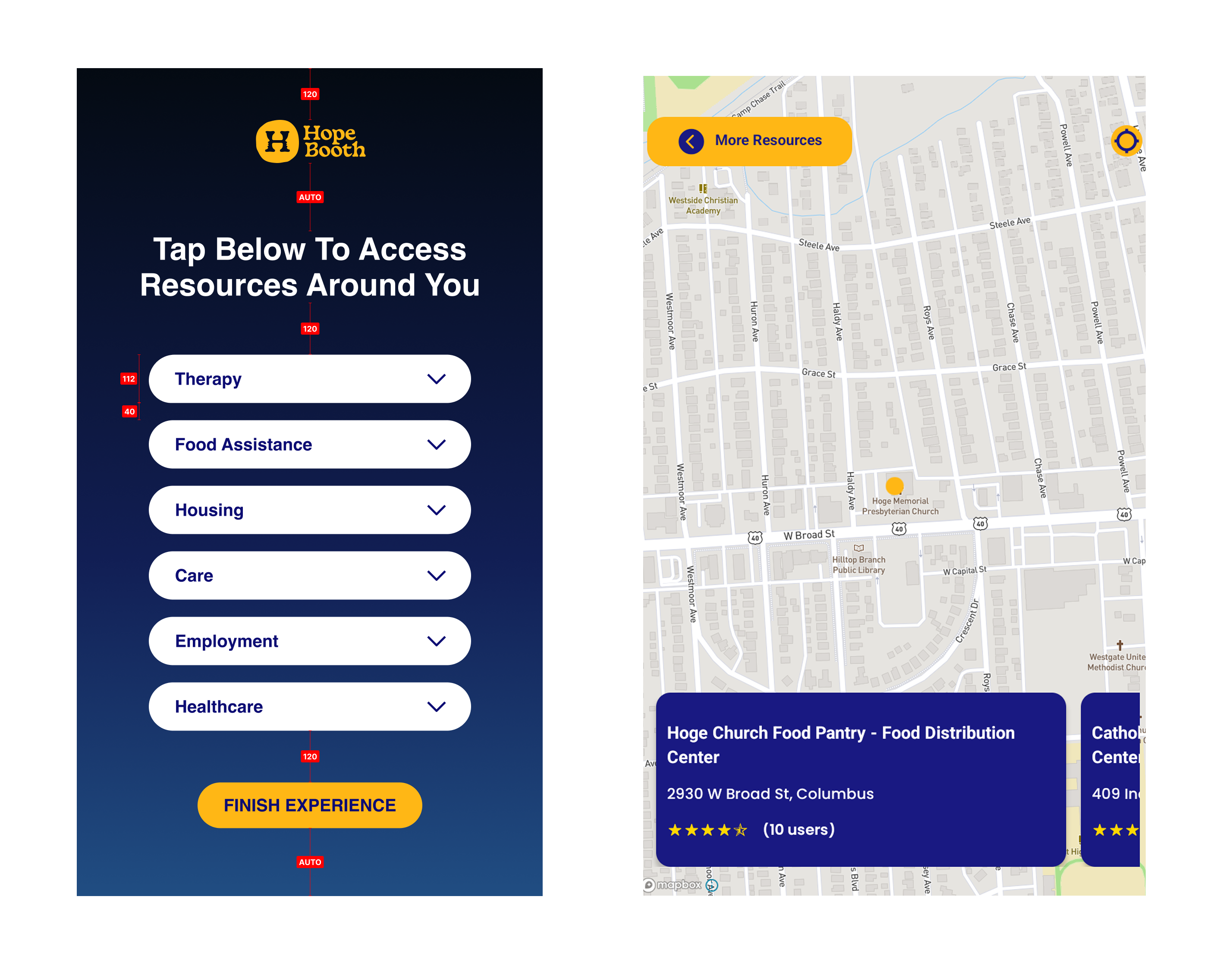 Resource integration screens showing support categories and a nearby map view